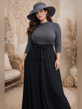 🔥5/$35🔥Coldwater Creek Charcoal Striped  Maxi Dress | Size L